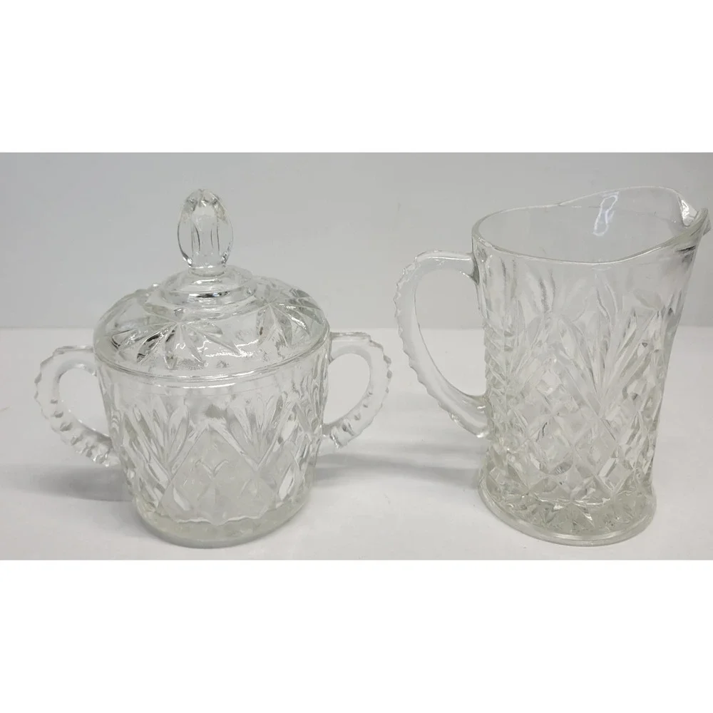 Vintage Clear Pressed Glass Creamer and‎ Lidded Sugar Bowl Set Sunburst Diamond